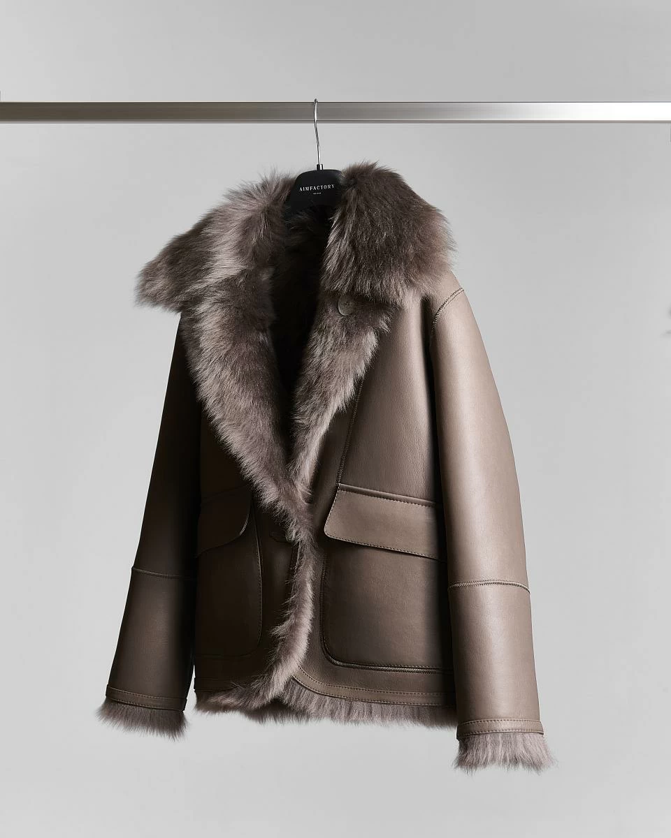 Шуба двусторонняя удлинённая Oversize Тауп - 1