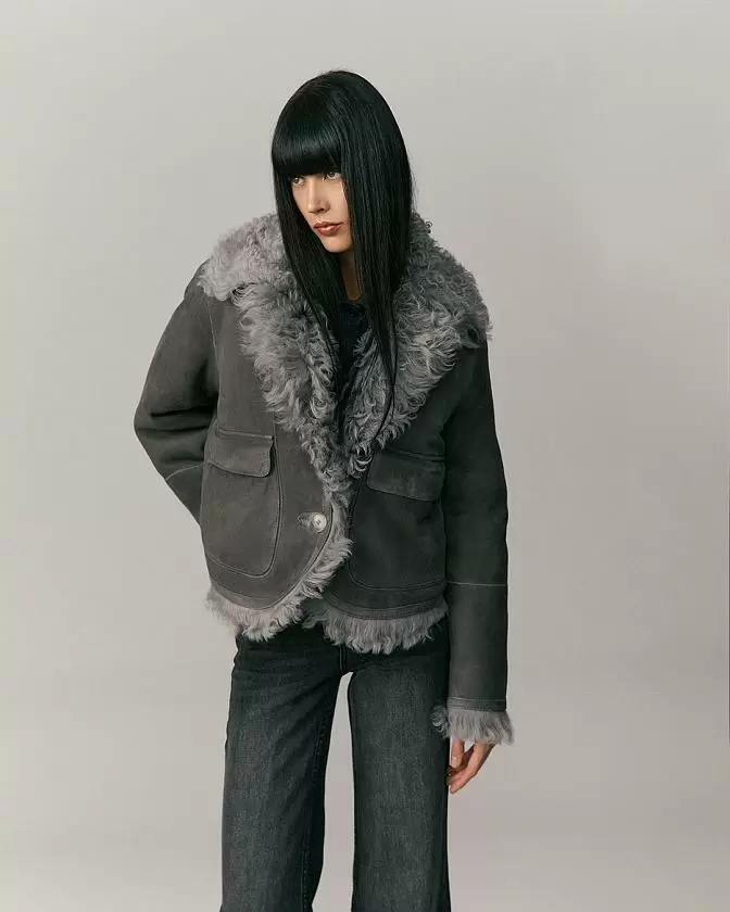 Шуба двусторонняя укороченная Oversize Silver Grey