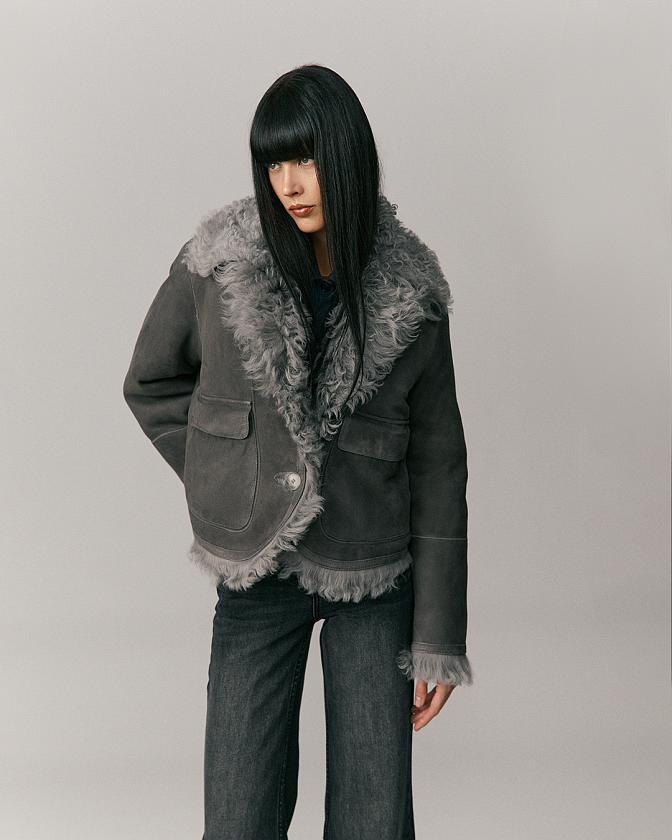 Шуба двусторонняя укороченная Oversize Silver Grey