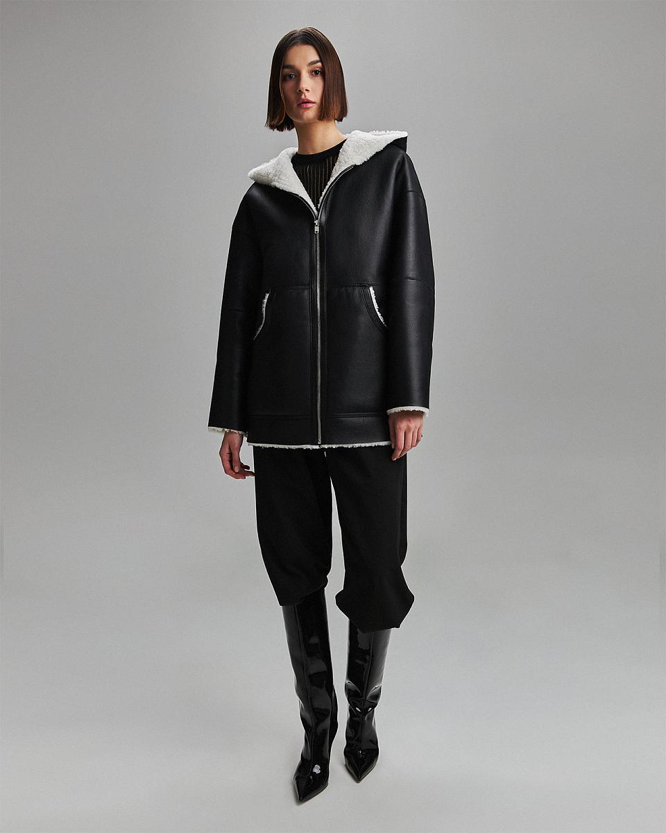 Дубленка Hoodie чёрная с белым мехом - 3